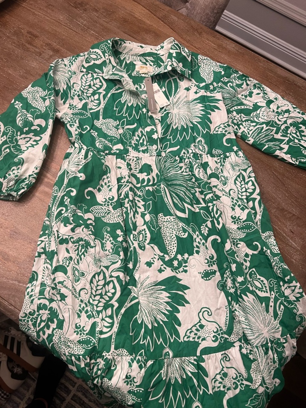Anthropologie Green and White Floral Button-Up Dress